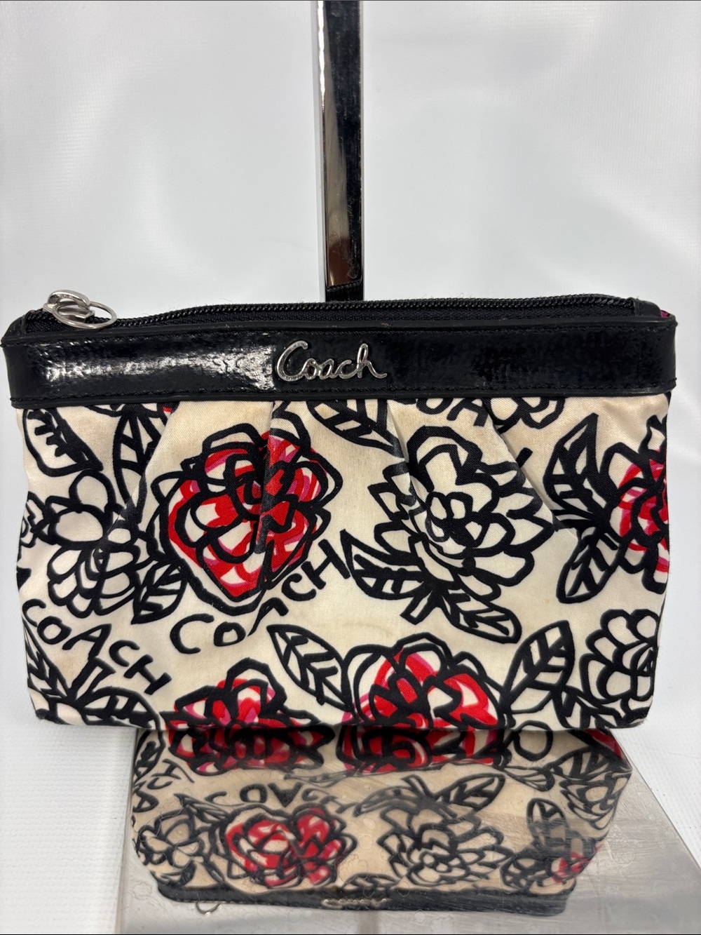 Coach Black & Red Floral Logo Small Cosmetic Pouch